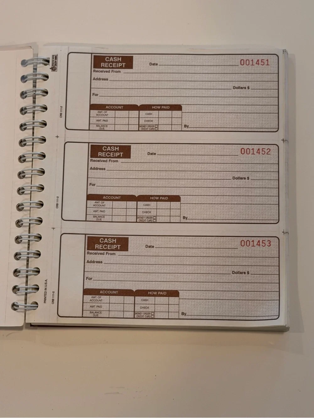 Cash Receipt Spiral Notebook - White with Brown Text